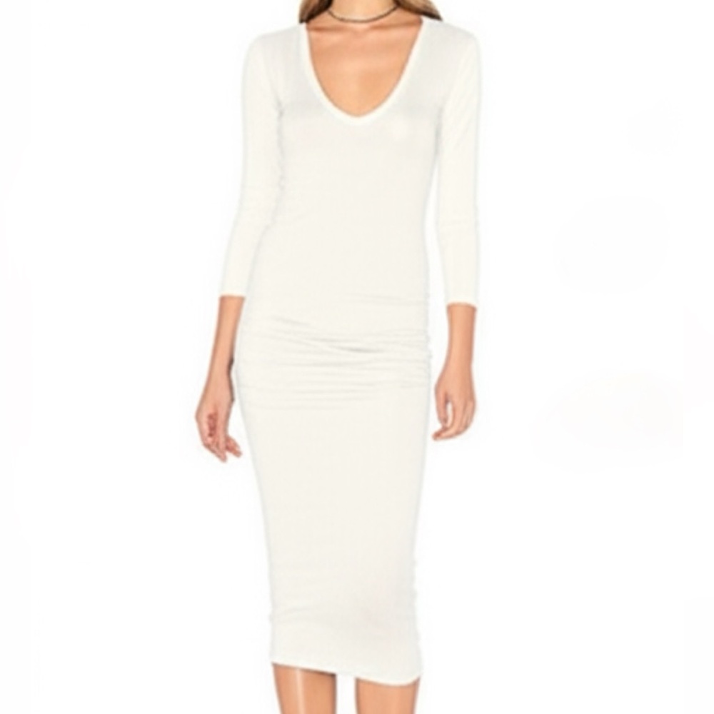 James Perse Standard Cream Rushed Bodycon Midi Dress V-Neck 3/4 Sleeve size 0